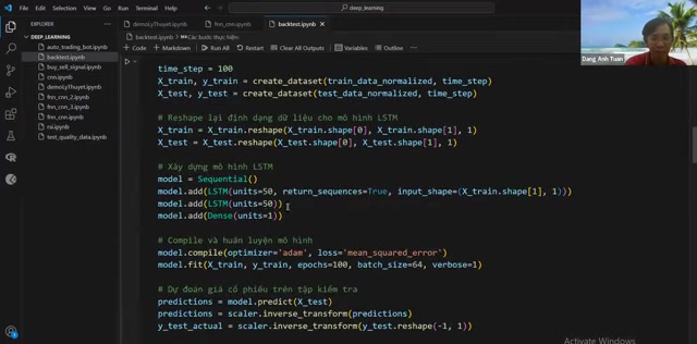 Màn hình code trong buổi học Python AI: xây mô hình LSTM bằng TensorFlow/Keras, chuẩn hoá MinMax, dự đoán trên tập kiểm tra và tính chỉ số MSE/MAE/RMSE